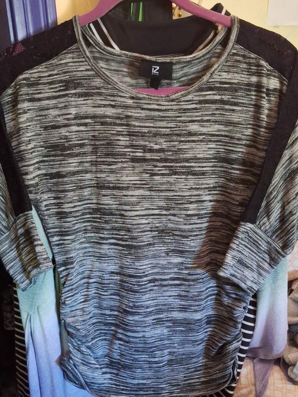 Iz Byer - Women’s Heathered Black & Gray Long-Sleeve Top with Lace Detail